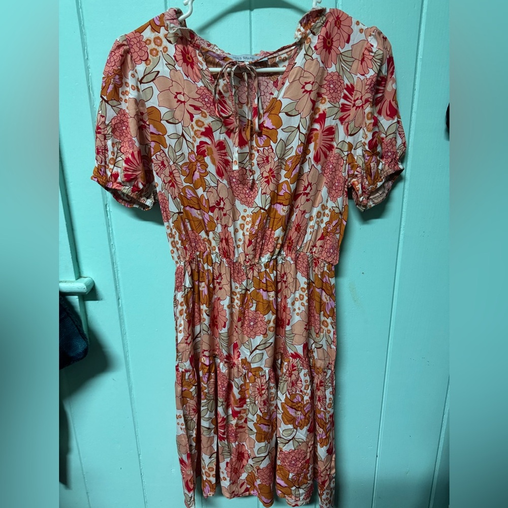 Orange Smocked Wrap Midi Dress with Puff Sleeves